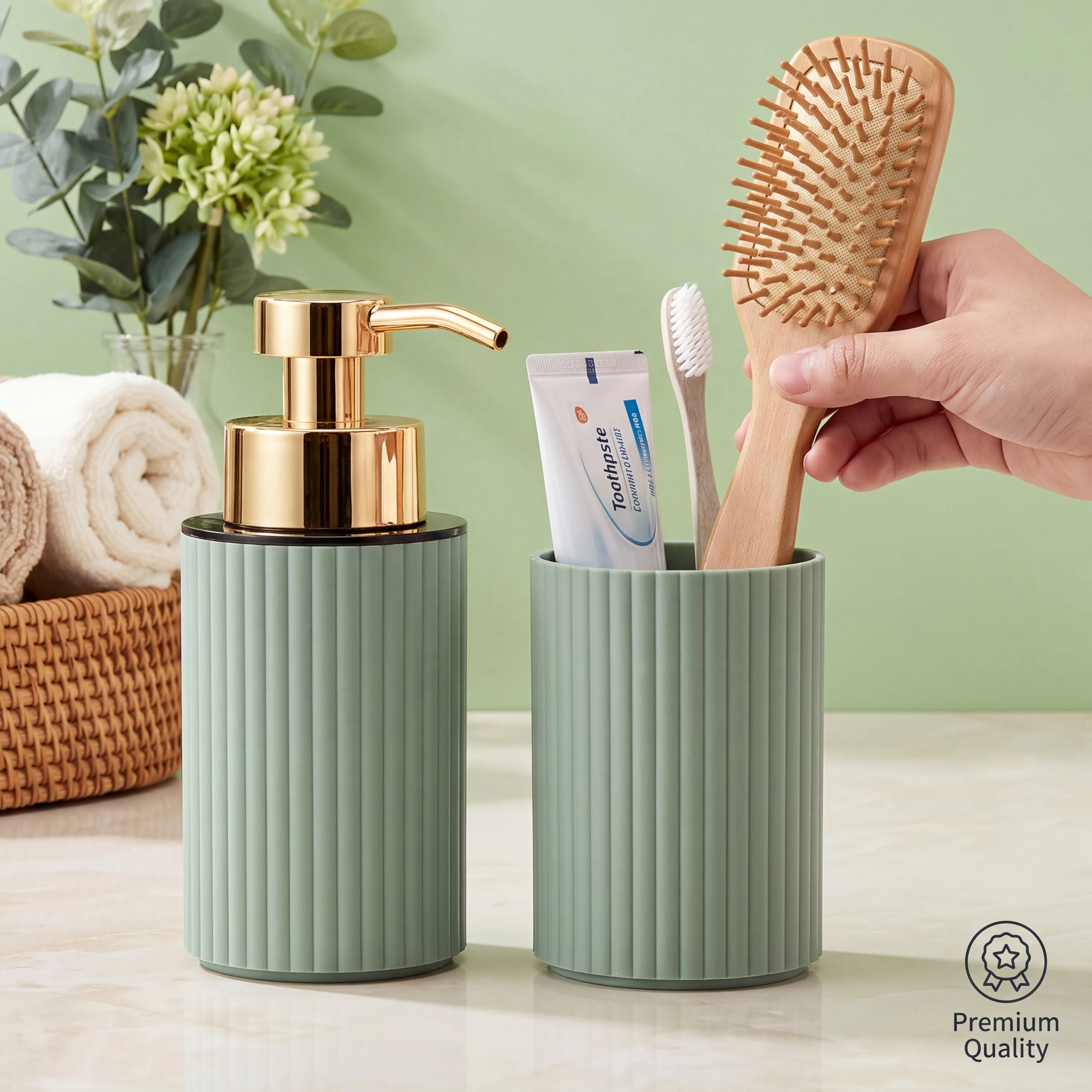 Bathroom Foam Soap Dispenser and Toothbrush Holder Set, Bathroom Accessory Foam Soap Dispenser & Oral‑care Toothbrush Cup view 5