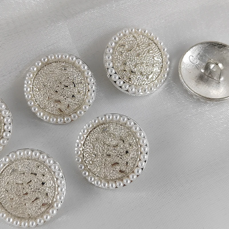 21MM Luxury Silver Pearl Beaded Shank Buttons For Clothing 6Pcs High Quality Beautiful Metal Round Sewing Button Needlework DIY