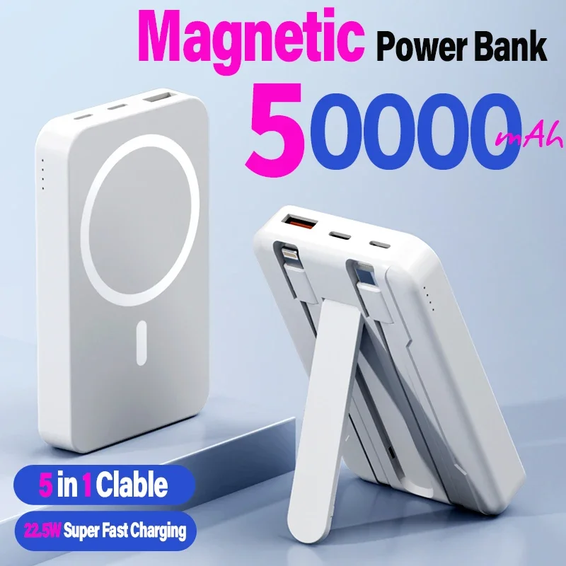 50000mAh Magnetic Power Bank for iPhone 15 14 13 22.5W 15W Fast Charging Wireless Powerbank With Cable Holder for Samsung Xiaomi