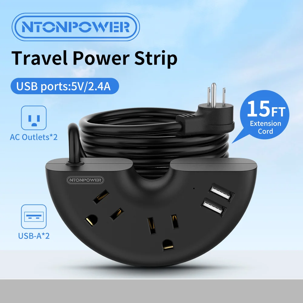 

US Plug Power Strip with 2 AC Outlets 2 USB Ports 15FT Extra-long Extension Cord（3/4.6M）Perfect for Cruise Ships Hottels
