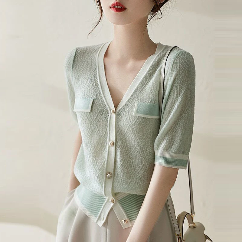 

Women French Contrast Color Elegant Luxury Chic Ice Silk Knitwears Summer Stylish V Neck Short Sleeve Loose Knit Cardigan Tops
