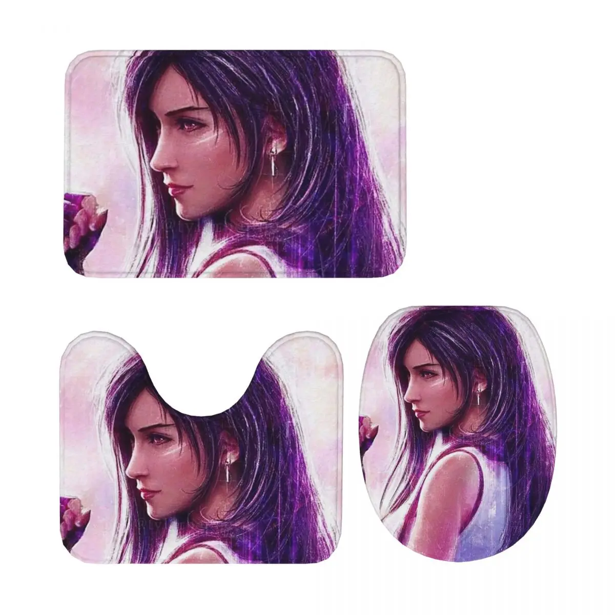 

Tifa Lockhart-Final Fantasy 7 Ff7Remake Ffvii Final, 3 шт., коврик для ванной комнаты, набор для ванной комнаты, крышка для унитаза, домашний нескользящий ковер, напольный коврик