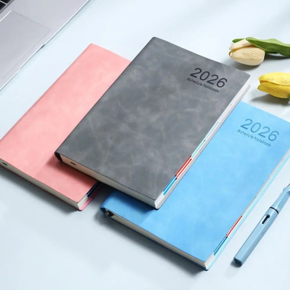 A5 2026 365-Day Schedule Notebook with Ribbon Bookmark PU Leather Cover Schedule Planner Notepad Wear-resistant Thick Paper