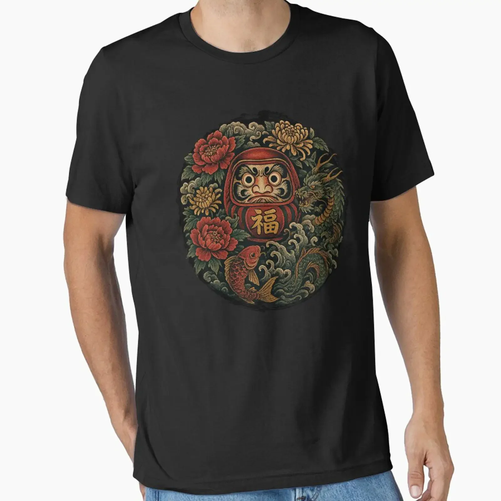Floral Fortune Daruma designed and sold by pecussoul vintage Washed graphic Unisex Slightly streetwear Casual Comfortable homme