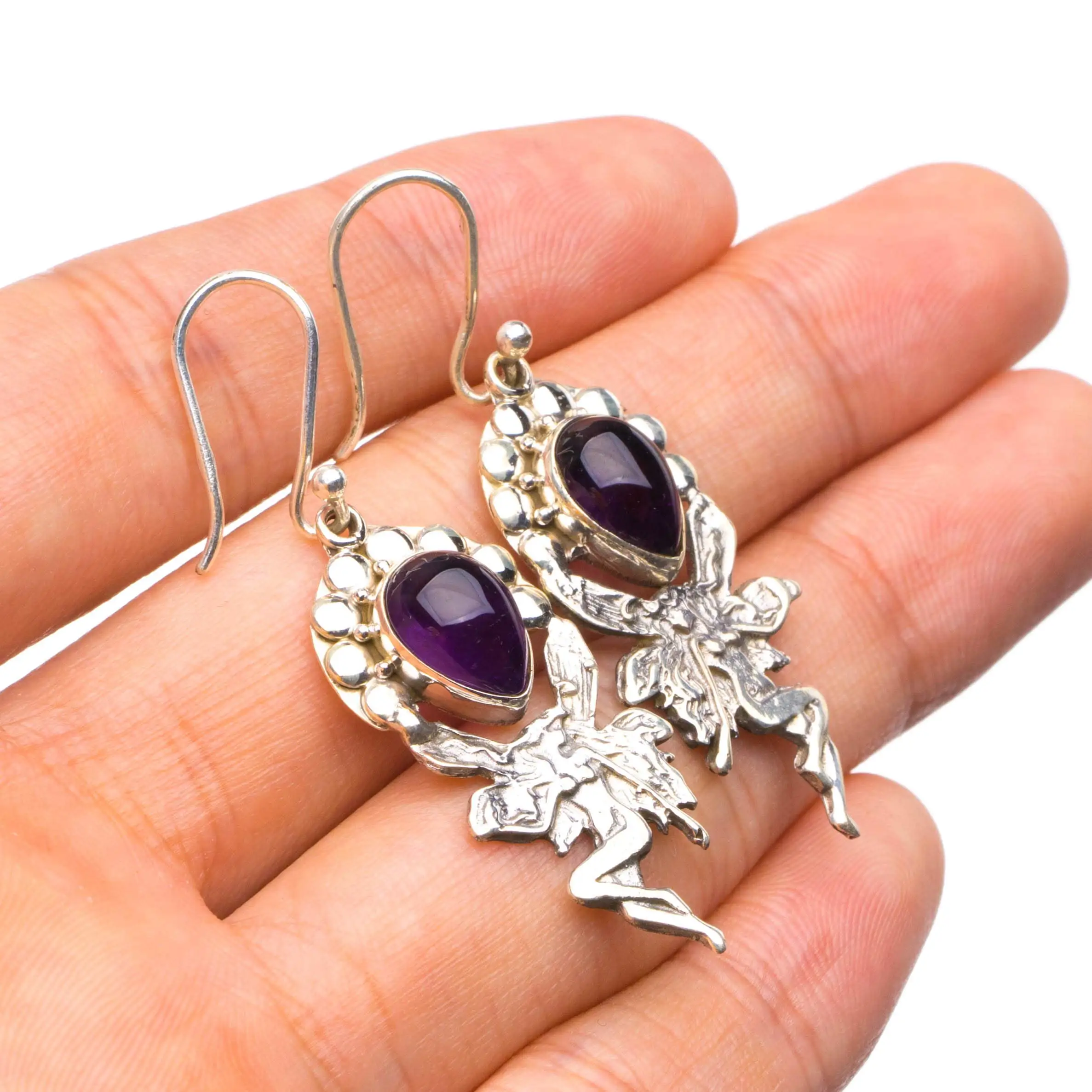 StarGems® Natural Amethyst Handmade Unique Fariy Shape 925 Sterling Silver Earrings 1.75