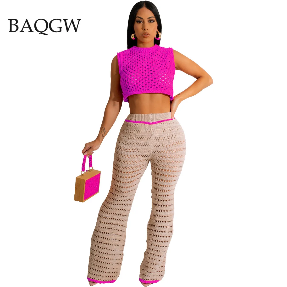 

Summer Fashion Candy Color Knitted Two 2 Pieces Set Sexy Women Hollow Out Crop Top+Long Pants Beach Wear Cover-ups Swimwear