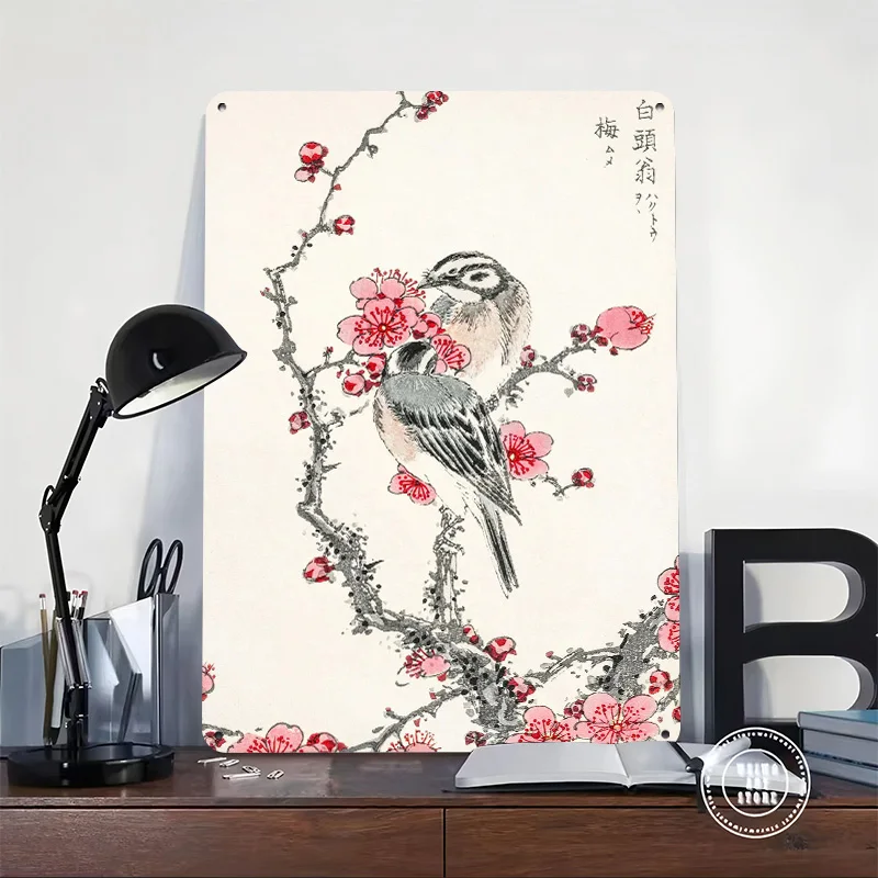 Pine Bunting and Plum Tree 3D Texture Metal Poster Customized Wall Art Tin Sign Gift for Mancave Modern Home Decoration Gaming