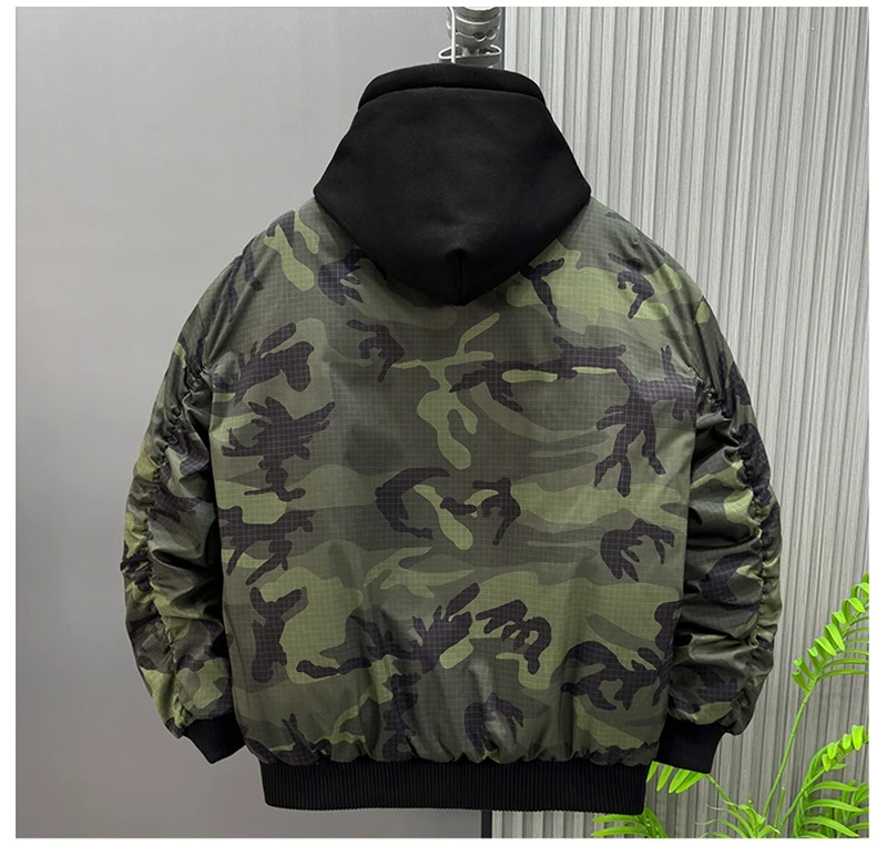 Autumn Winter Men's Retro False Two-Piece Camouflage Jacket - Plus Size Thickened Warm Casual Cotton Coat