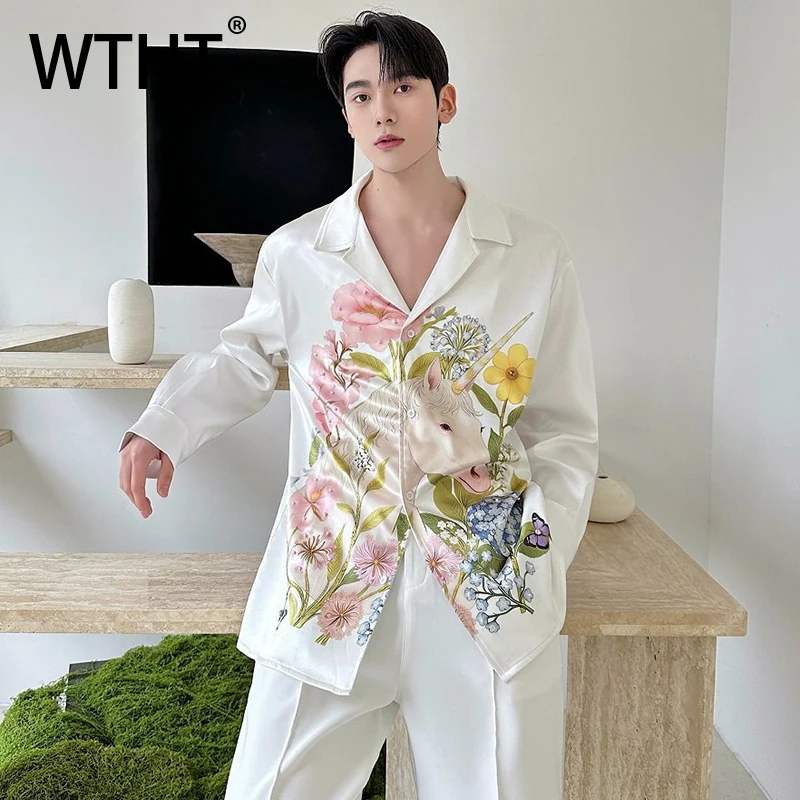 

WTHT Fashion 2026 Summer Men's Color Flower Print Design Shirts Trendy Turn Down Collar Single Breasted Tops Male 2A2856