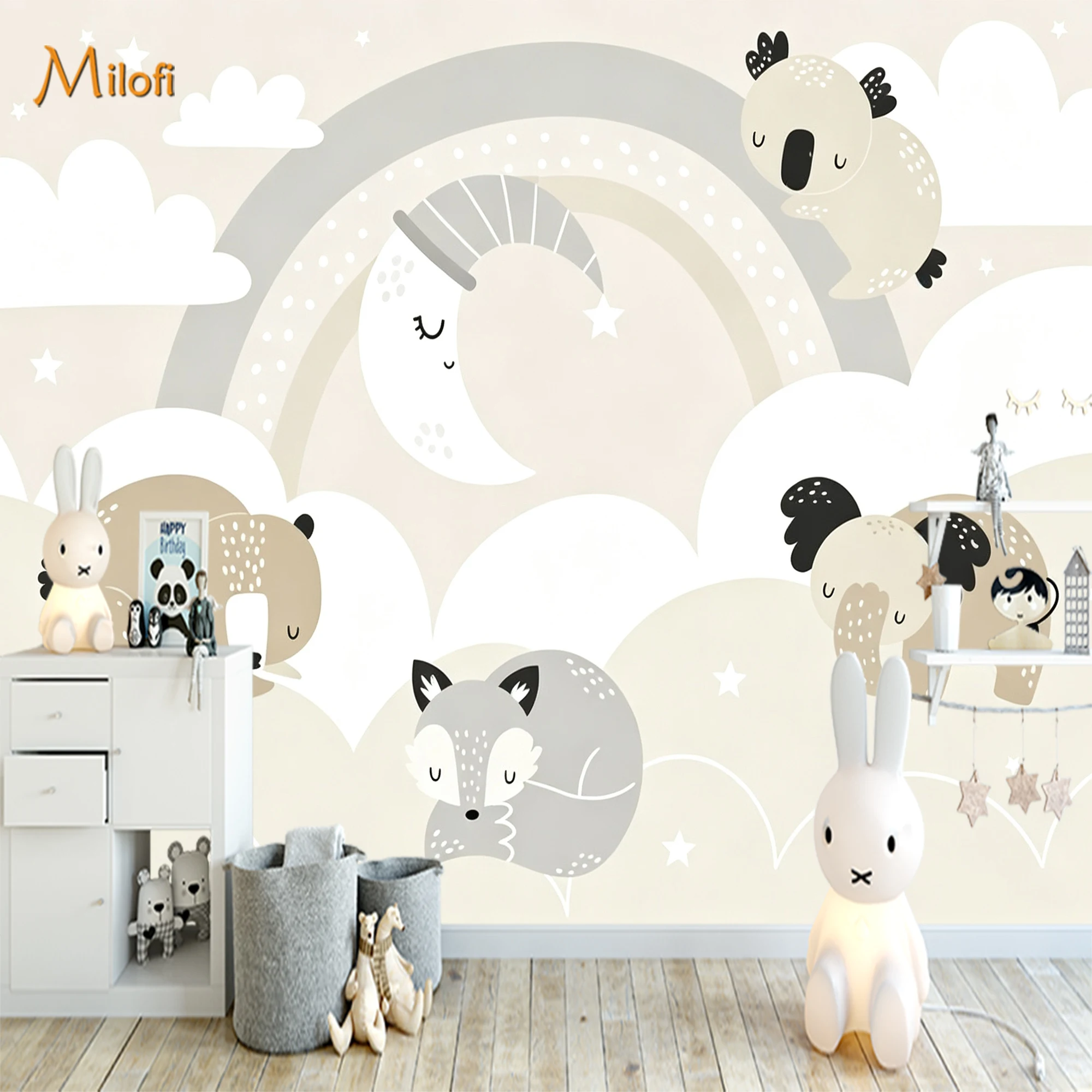 Custom Cute Sleeping Animal Mural Wallpaper Bear Fox Koala Elephant Cloud for Kids Baby Nursery Bedroom Background Wall Decor