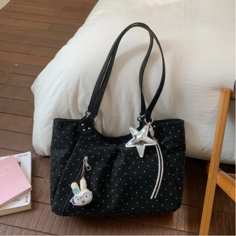 

Корейская женская большая сумка-тоут, милая сумка через плечо в стиле Y2K с принтом в горошек, с наклонной молнией и полосатой подкладкой, сумка на плечо для путешествий и поездок на работу