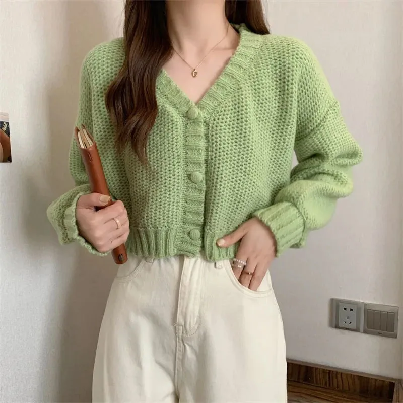 Xpqbb Cropped V-neck Sweater Cardigan Women Sweet Button Up Casual Solid Knitting Sweater Coat Female Autumn New Wild Knit Top