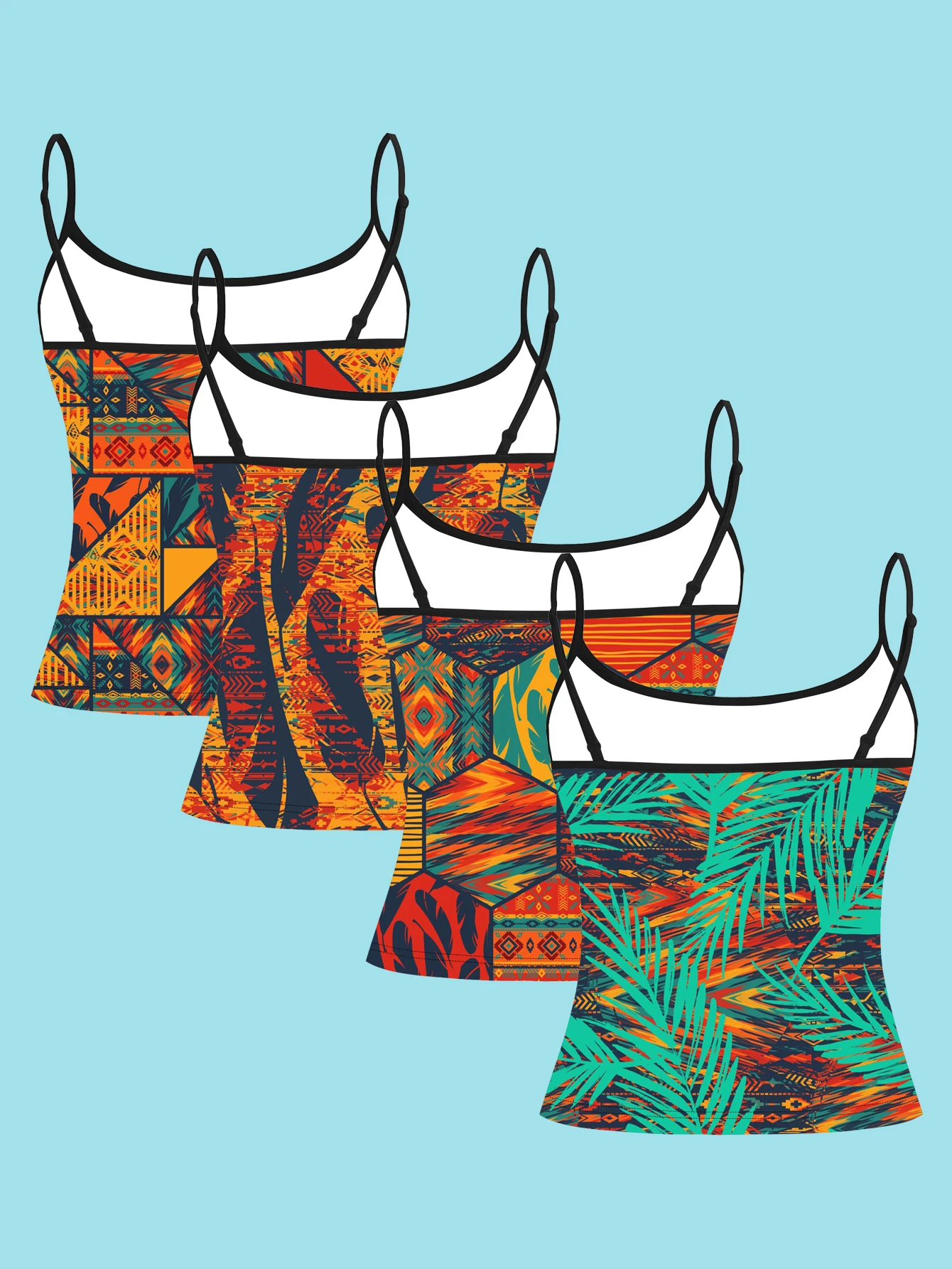 4-Piece Set of Tropical Tribal Style Patchwork Print Camisoles for Women, Navajo Geometric Palm Leaf Color-Blocking Slim-Fit Spaghetti Strap Tops
