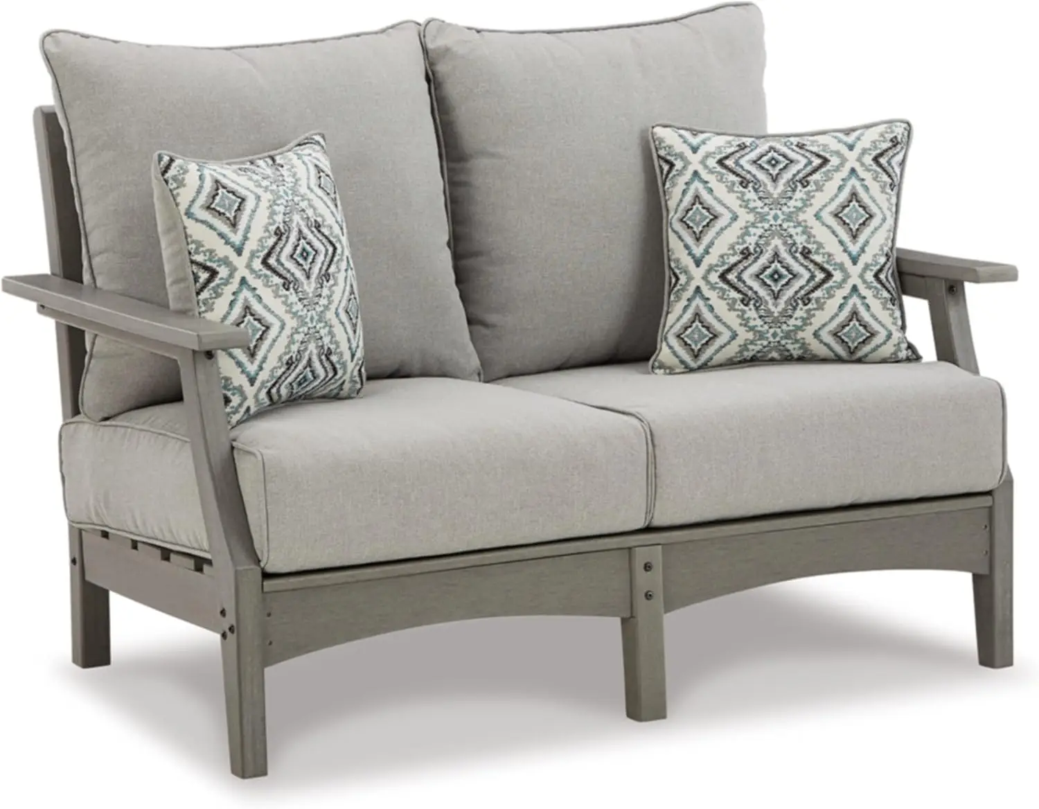 Signature Design by Ashley Outdoor Visola Patio HDPE Loveseat with Nuvella Throw Pillows, Gray