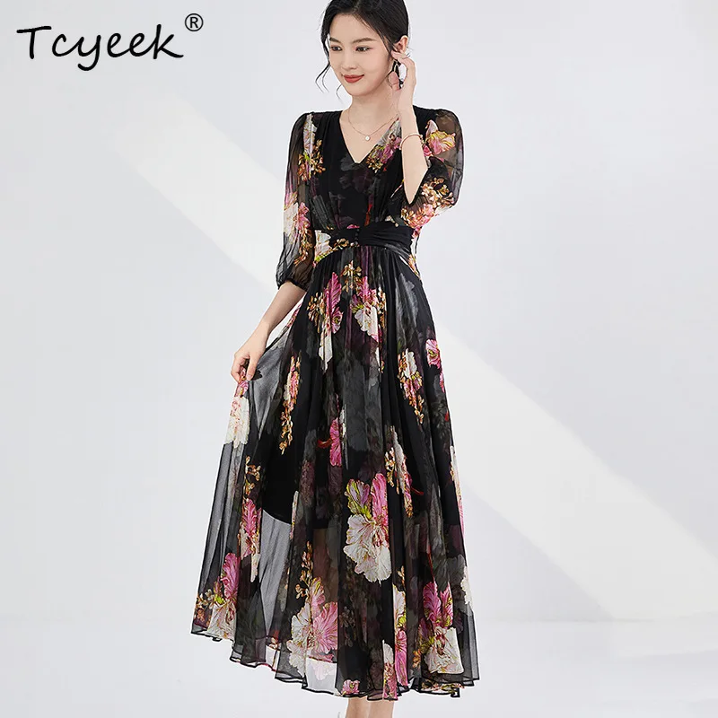 Tcyeek 100% robe florale en soie de mûrier véritable robes d'été 2025 élégant col en v a-ligne noir pause thé longue robe pour femme 상ssi