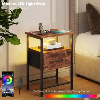 Juego de 2 mesitas de noche, mesa auxiliar con estación de carga, mesita de noche LED con cajón de tela para dormitorio, mesa auxiliar de 3 niveles con apertura 10 best sales Juego de 2 mesitas de noche - №9