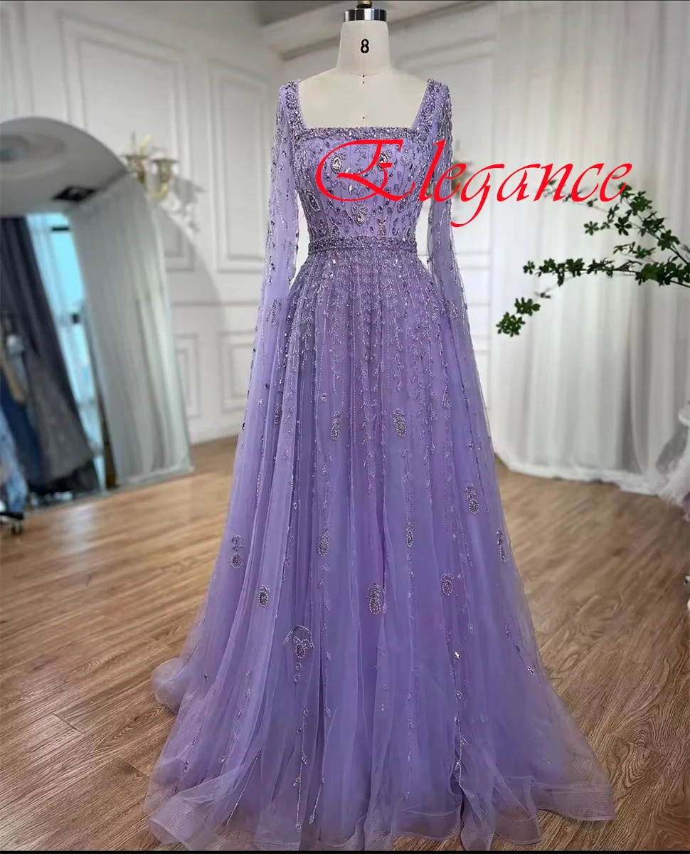 Customized Delicate Light Purple Organza Evening Dress  Graceful Square Collar Long Sleeves Zipper Back Crystal Homecoming Dress