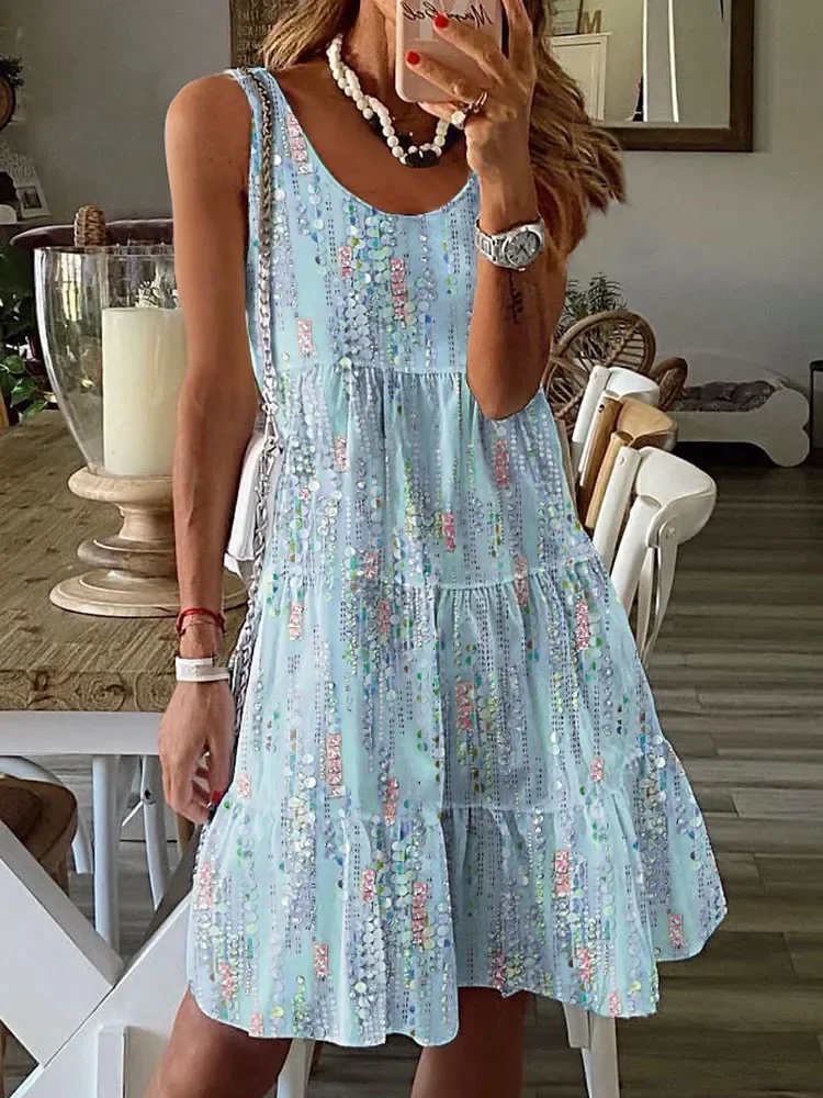 

Summer Sleeveless Tank Dress Casual Fashion Three-Dimensional Flowers Printed Loose Round Neck Sleeveless Sundress