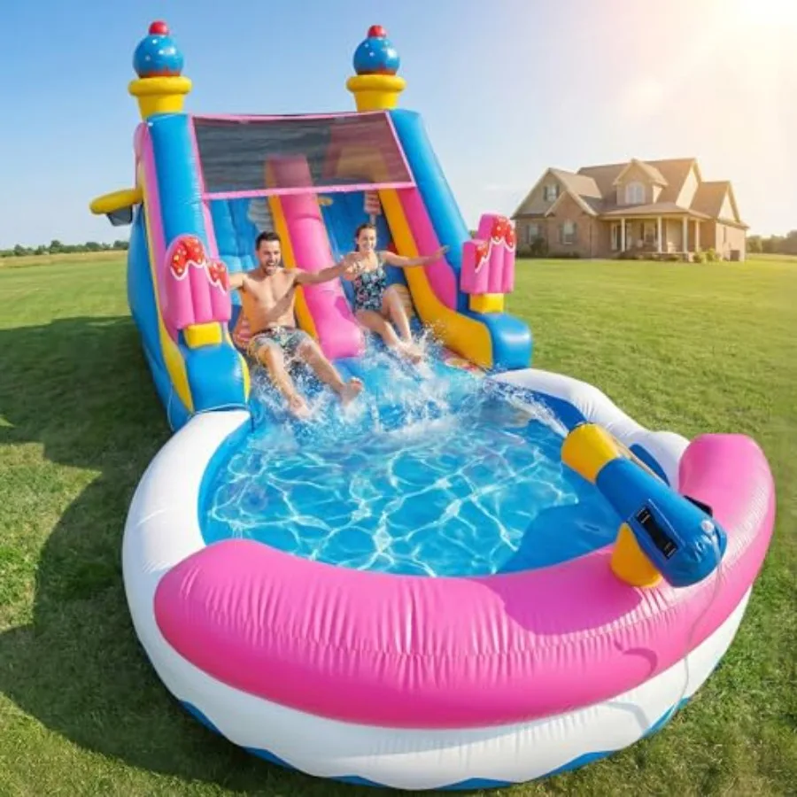 

10.8 ft Inflatable Commercial Grade Water Slide with Pool: 22.5 ft L Premium PVC 1100W Blower Ice Cream Style - for Adults Teen