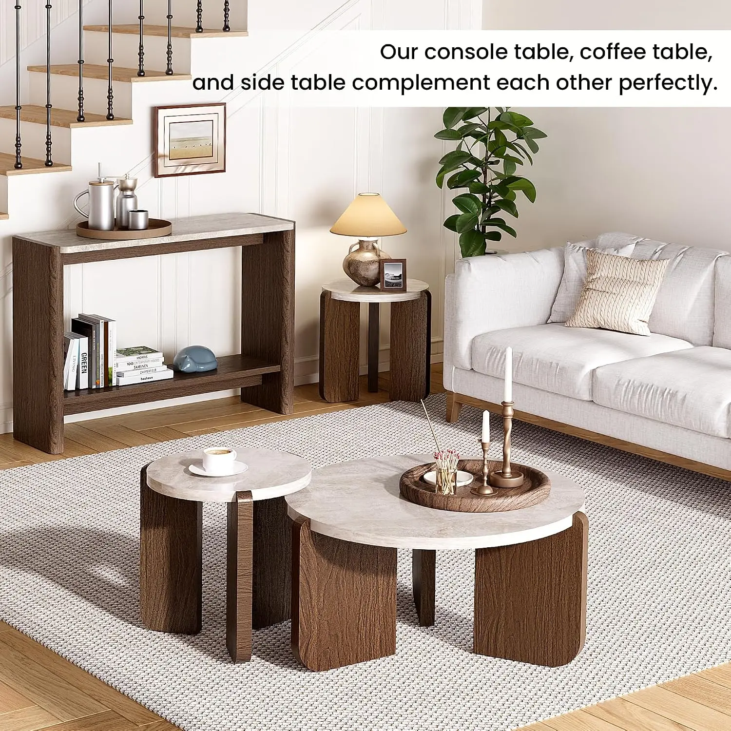 Round Marble 3-Piece Coffee & End Table Set Modern Living Room Office Small Space Easy Assembly, Customized