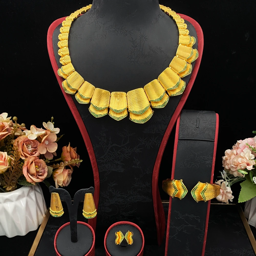 

JRH Gold Plated Copper Cubic Zirconia 4PCs Bridal Wedding Jewelry Set with Necklace Earrings Ring Bracelet for Dubai Nigerian
