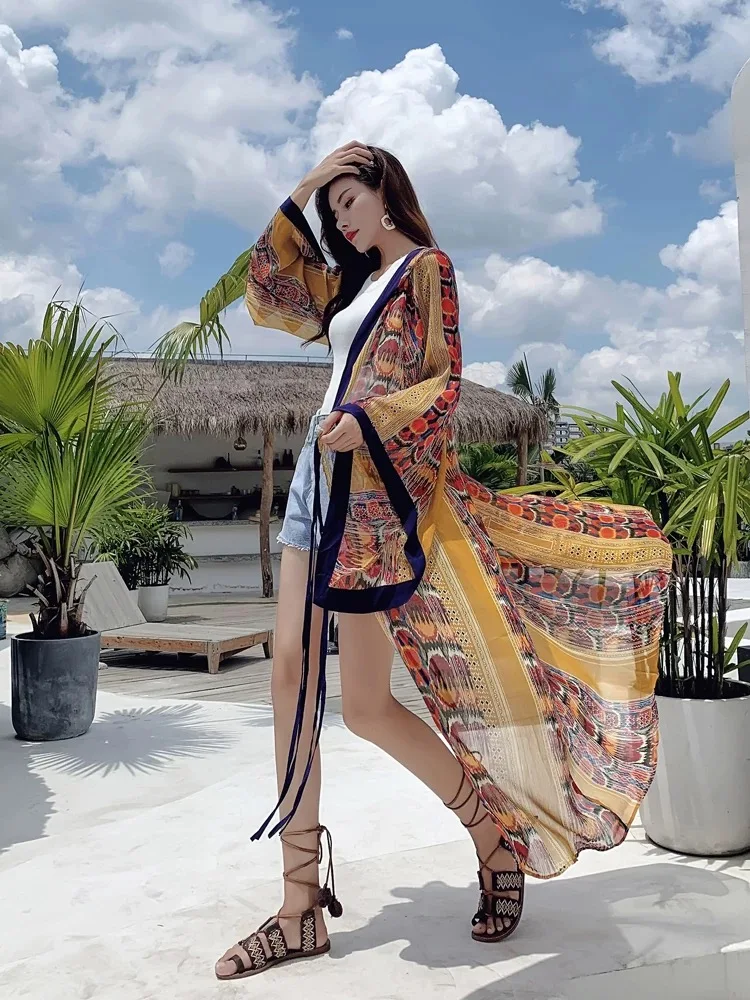 Mujer étnico nacional Nepal Sexy cubre Boho Kimono camisa cárdigan largo playa vacaciones viaje con capucha estampado fino vestido Tropical