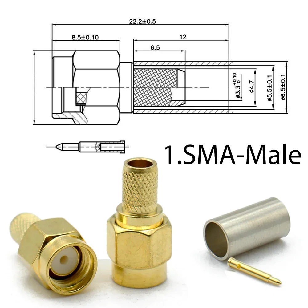 2/10pcs SMA RPSMA Male Plug / Female Jack Bulkhead Crimp RF Coaxial Connector For RG58 LMR195 RG142 RG400 Cable Wire Terminal