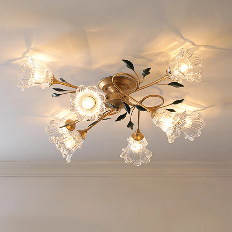 

European Romantic Pastoral Flower Shaped Villa Apartment Ceiling Light Transparent Glass Living Room Decoration LED 8Heads Lamp