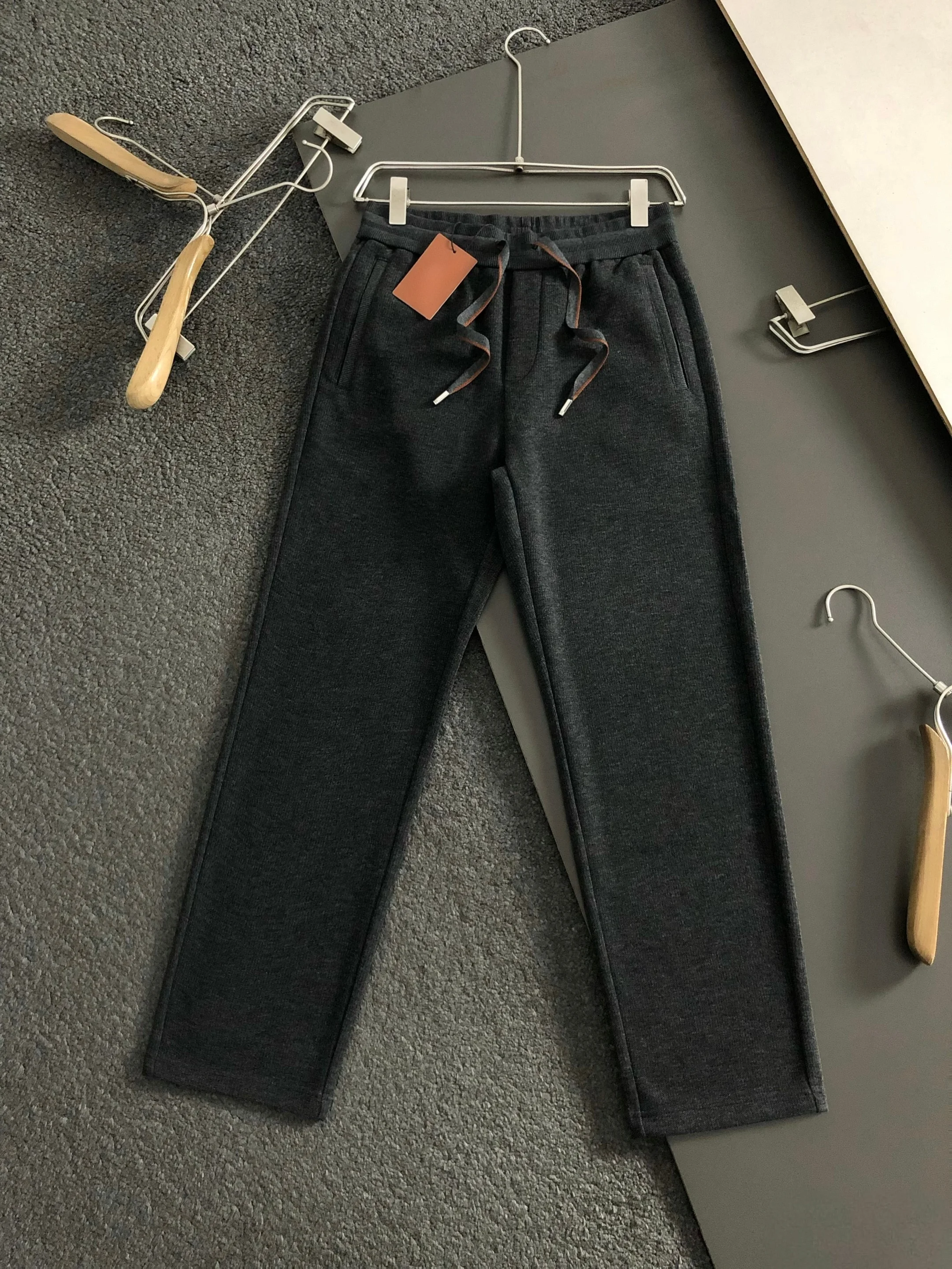 

Warm Wool Blend Men's Casual Pants Autumn Winter Straight Leg Busin Casual Elastic Waist Dstring Warmth Comfortable Tro...