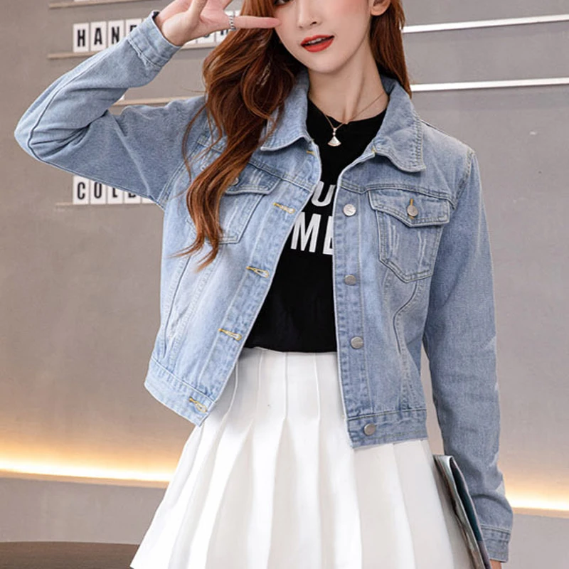 Hong Kong Style Light Blue Jeans Jackets Autumn Winter Fashion Denim Jackets Women Short Tops Turn Down Collar Clothes 29273