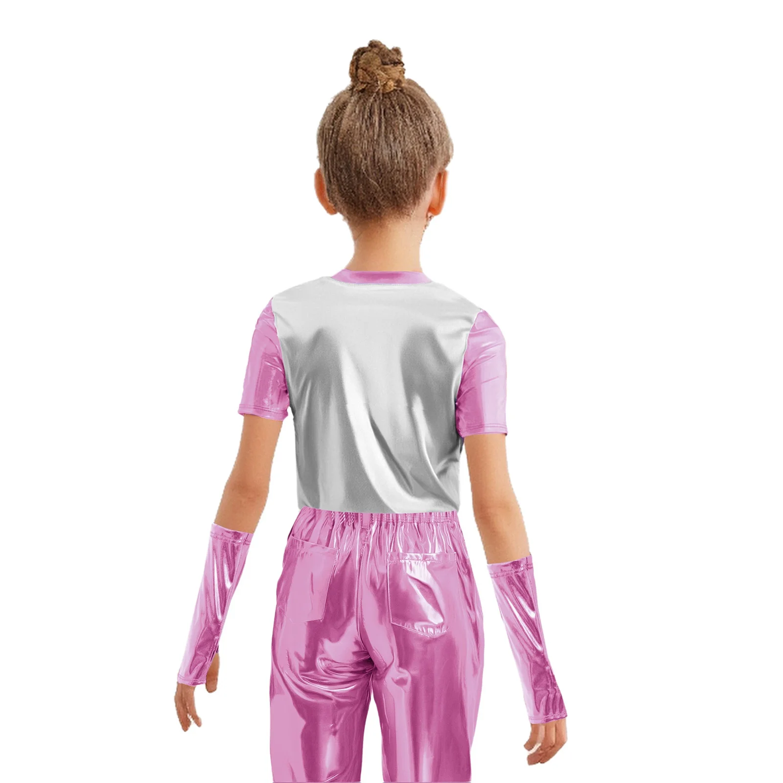 Kids Girls Hip-Hop Jazz Dance Tops Round Neck Short Sleeve Cutout Front Color Block Metallic T-shirt Top with Gloves Halloween
