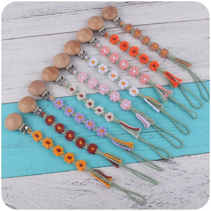 

Hand Woven Creative DIY Handmade Baby Beech Pacifier Clip With Five Flower Fine Cotton Rope Woven Pacifier Anti Drop Chain Gift