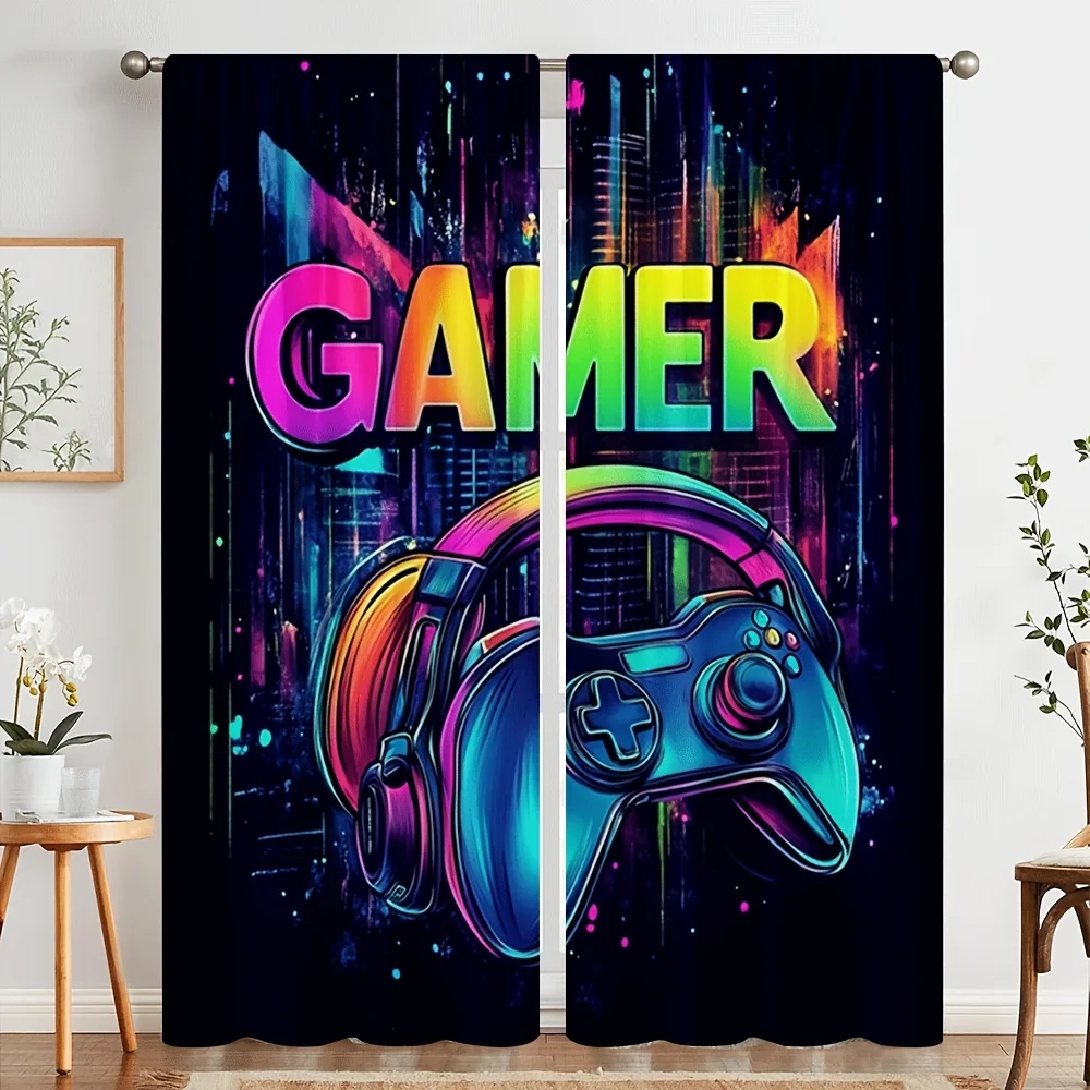2 Panels Gamer Spectrum Neon Print Curtains Headphones & Controller Design for Bedroom Gaming Room Decor Holiday Decoration