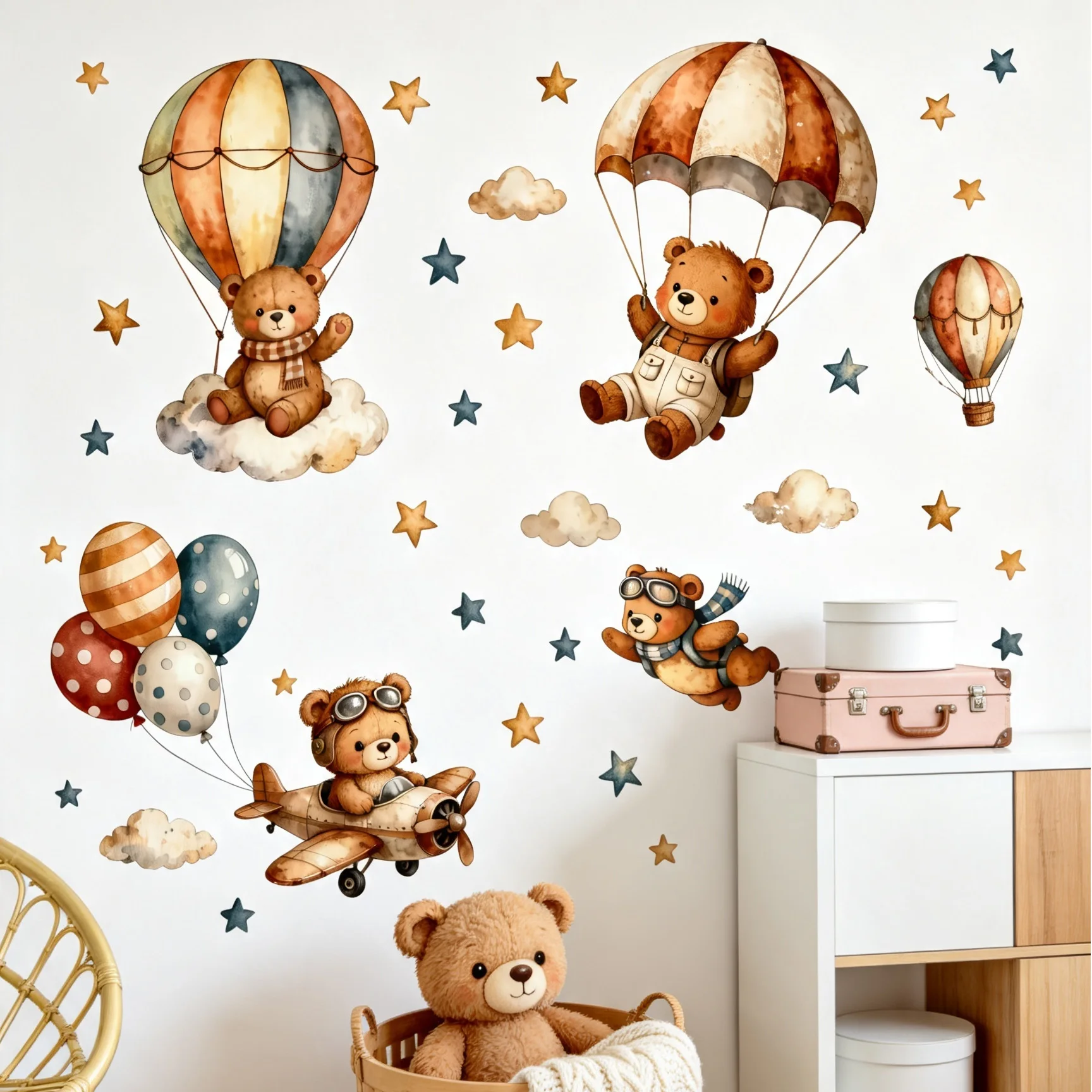 Watercolor Teddy Bear Height Chart Wall Stickers Pilot Bears Airplane Hot Air Balloon Cloud Star Growth Ruler Wall Decals Remova