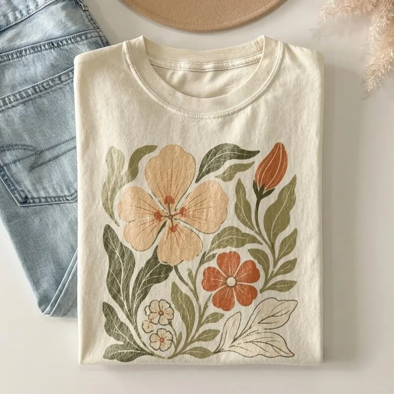 Retro Plant Flower Pattern T-shirt Retro Garden Flower Shirt Classic Wildflower Natural Art Top Plant Gift T-shirt