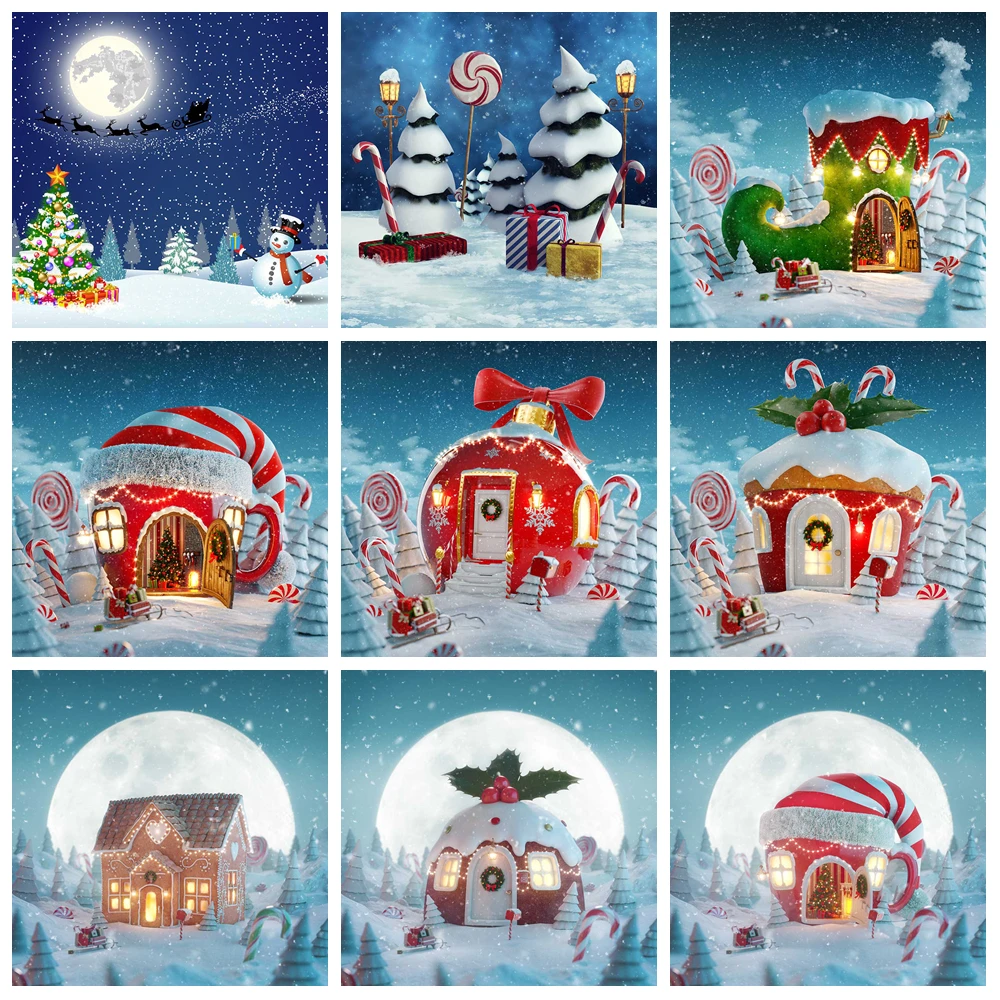 

MOON.QG Winter Christmas Background Photography Candy Cane Pine Forest House Custom Backdrop Photobooth Photoshoot Photo Studio