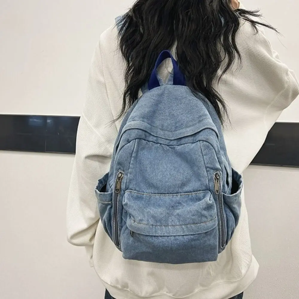 Tragbarer Rucksack aus gewaschenem Denim, Vintage, atmungsaktiv, für Studenten, Laptop-Tasche, Cartoon-Motiv, große Kapazität, Reisetasche