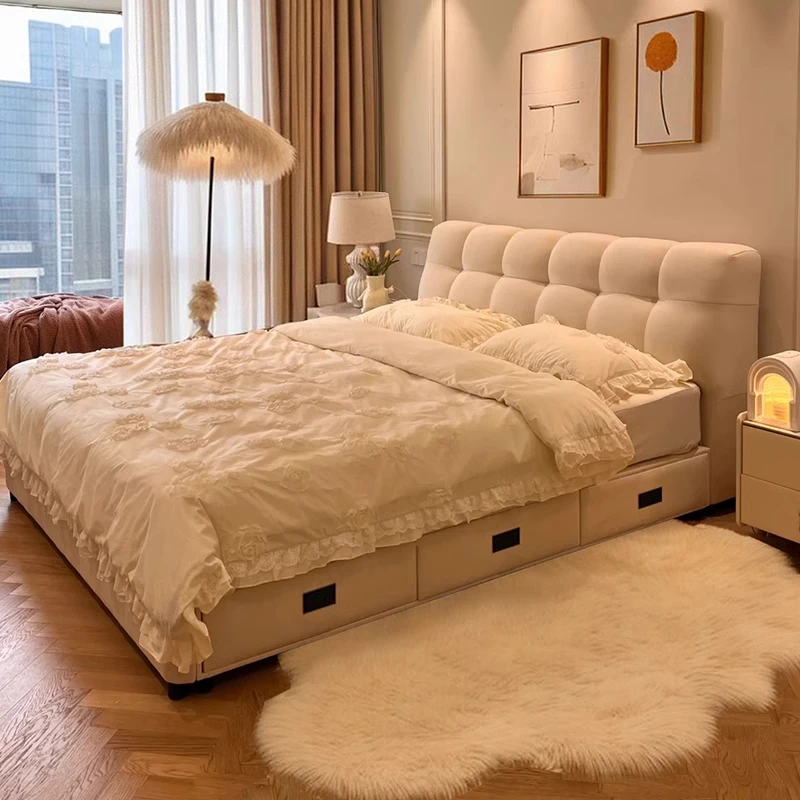 

Nightstands Double Nordic Bed Storage Drawers Queen Upholstery Bed Cream Deluxe Girls Muebles Para Dormitorio Furnitures