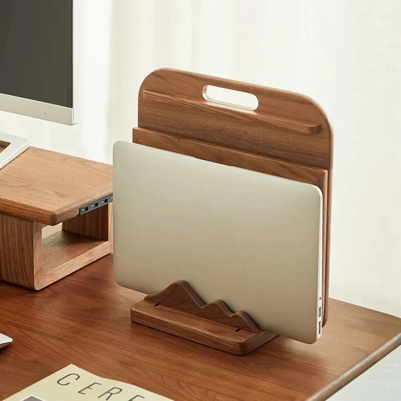 Custom Wooden Laptop Stand Vertical Storage Dock Solid Walnut Wood Base Landscape Theme Desktop Holder Office Decor