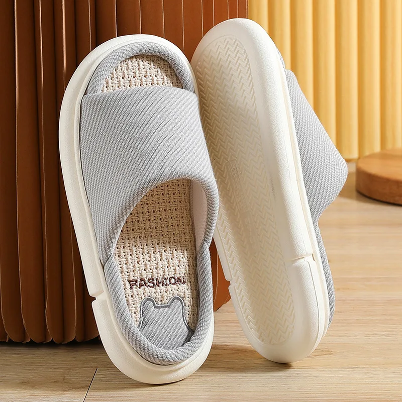 Summer New Linen Women\'s Slippers Breathable Flats Comfortable Indoor Men Home Shoes Soft Sole Anti-slip Couples Casual Slides