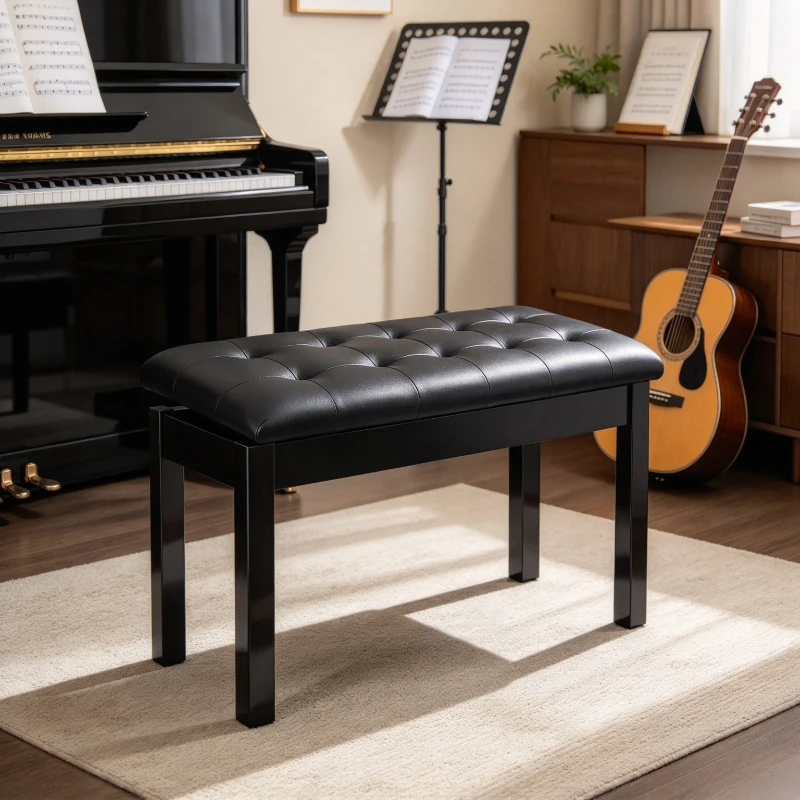 Double Piano Bench Wooden Keyboard Stool with Music Sheet Storage Black PU Leather Cushion High Rebound Foam for Shared Practice