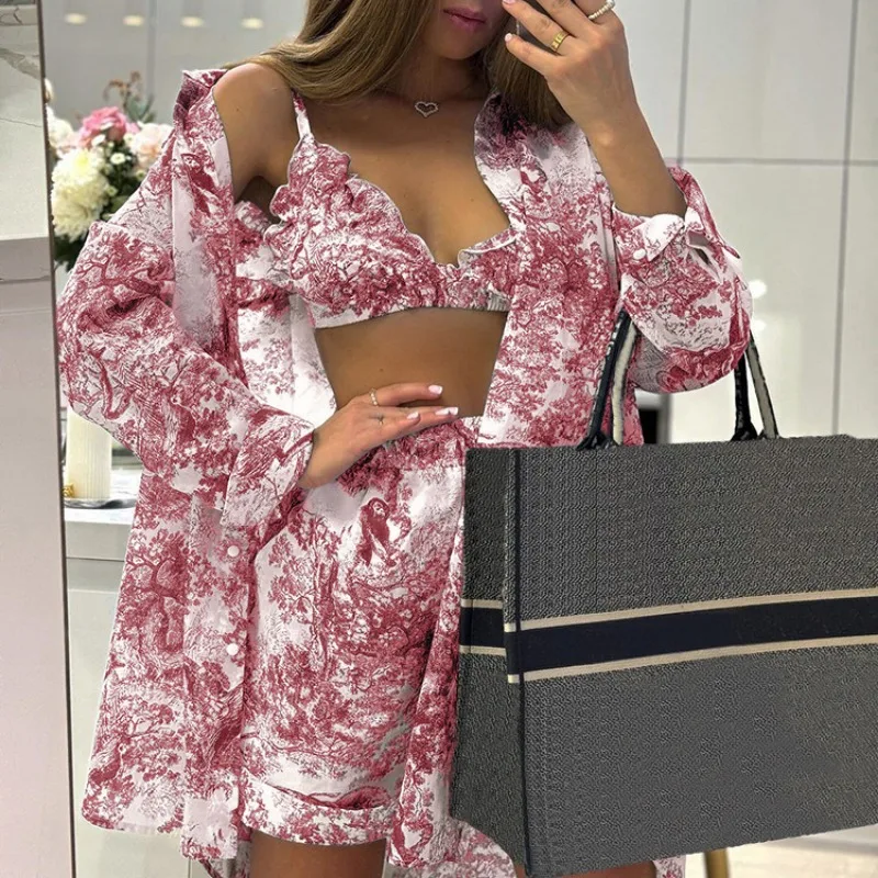 

New 3 Piece Set Women Vintage Ink Print Elegant Chic Ins Strap Bra + Loose Shirt + Wide Leg Shorts Clothes Set Retro Outfits