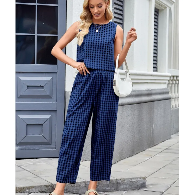 

Retro Printed Plaid Sets Summer Sleeveless Vest 2PCS Spring Relaxed Tops Nine Point Pants Home Wear Female 2 Piece Set 2025 New