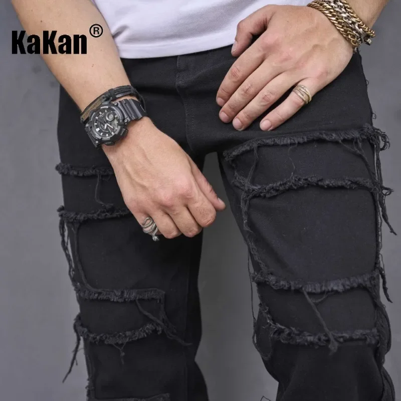 Kakan - New European and American Micro La Style Pure Black Jeans for Men, Trendy Straight Length Jeans K78-505