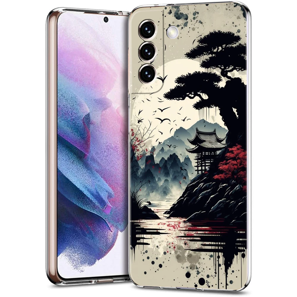 Ink Wash Painting Phone Case for Samsung Galaxy S23 S20 FE S22 S21 Ultra M21 M22 M32 S10 S10E S9 S8 Plus 5G Transparent Shell