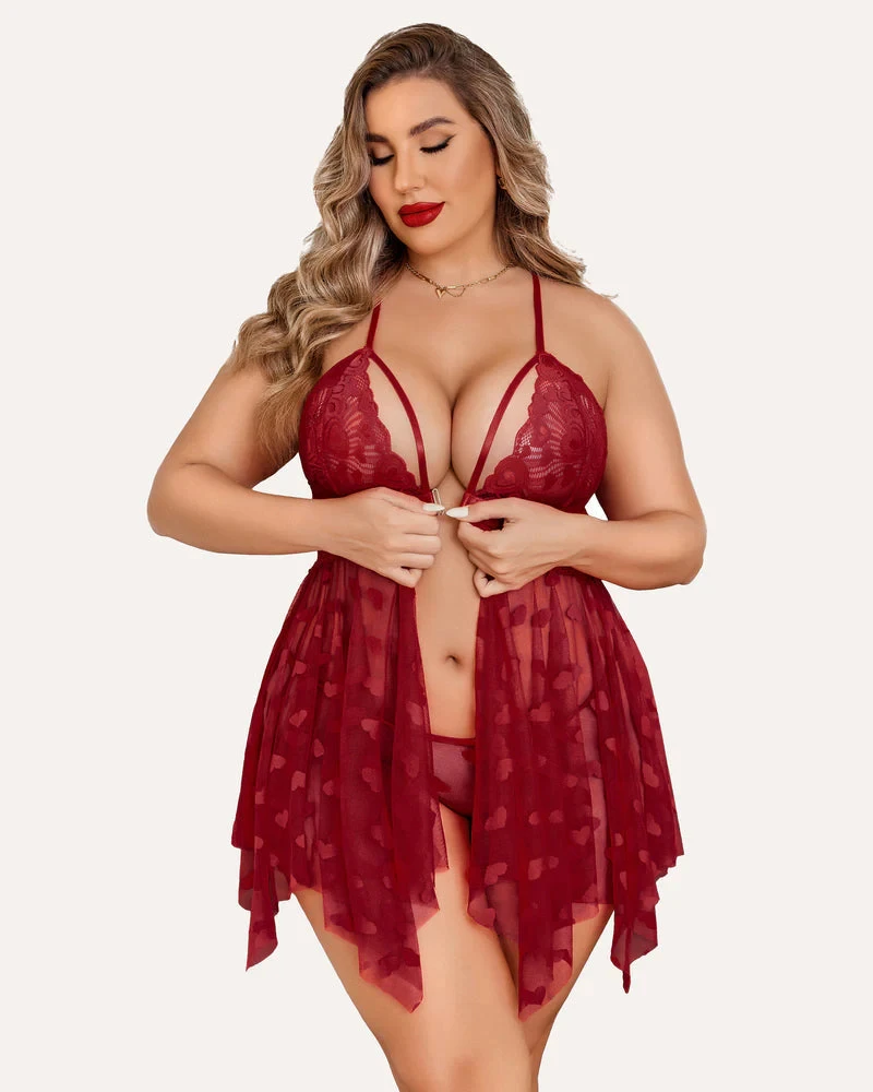 

Large size sexy lace see through split suspender dress, women's passionate and seductive sleepwear, home wear with thong
