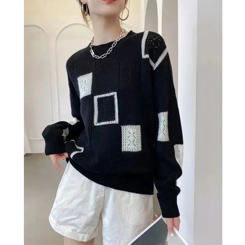 Womens Clothing Autumn and Winter Vintage Geometric Patchwork Knitted Sweater Casual Streetwear Pullover Tops Long Sleeve Jumper