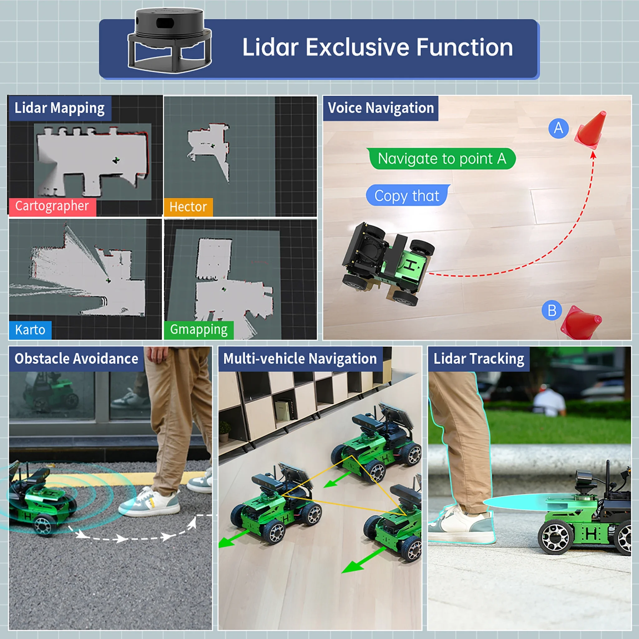 Coche robot educativo ROS con estructura Ackerman alimentado por Jetson Nano B01 conducción autónoma SLAM mapeo navegación L