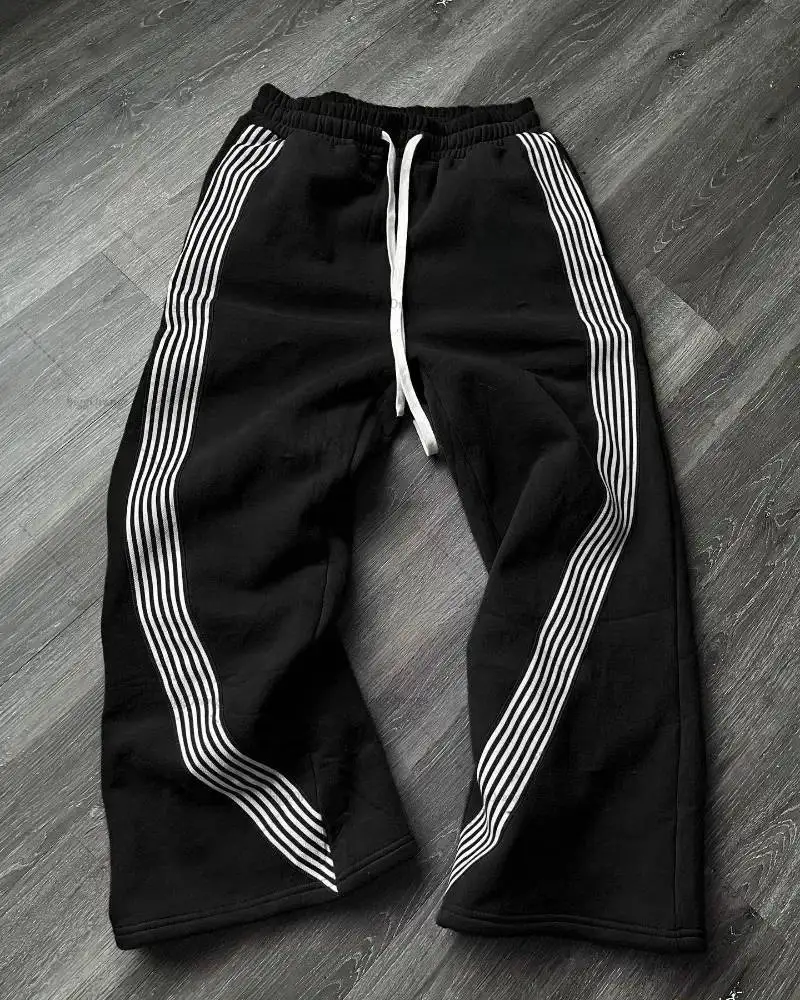 Y2K Side Multi White Stripe Print Straight Pants Summer Quick Dry Sports Drawstring Trousers Unisex Streetwear Long Sweatpants