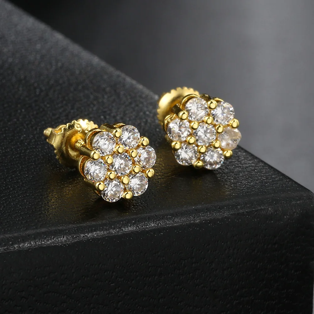 Flower Iced Out CZ Earrings Gold Color Hip Hop Screw Ear Stud For Women Men Cool Punk Hip Hop Jewelry Gifts Wholesale OHE175